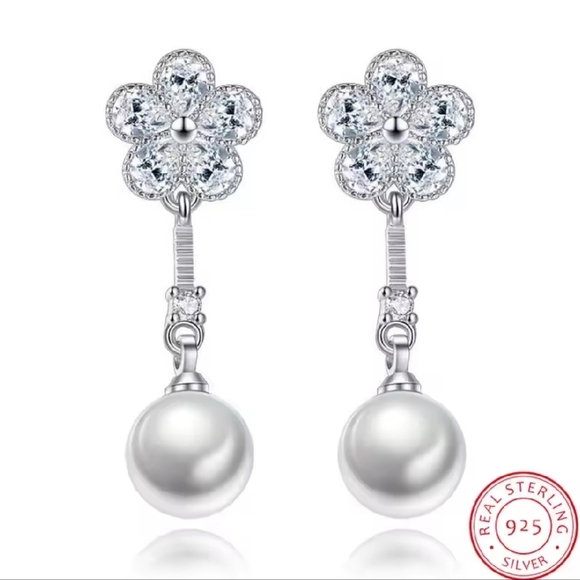Trendy boutique Jewelry - Sterling Silver Flower Pearl Drop Earrings